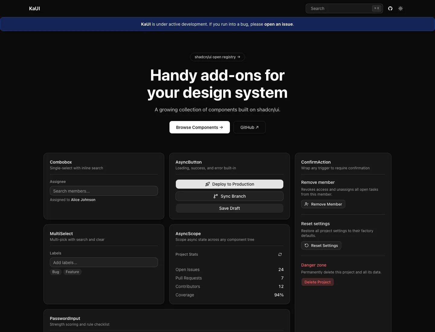 KaUI shadcn registry documentation homepage showing installable UI components